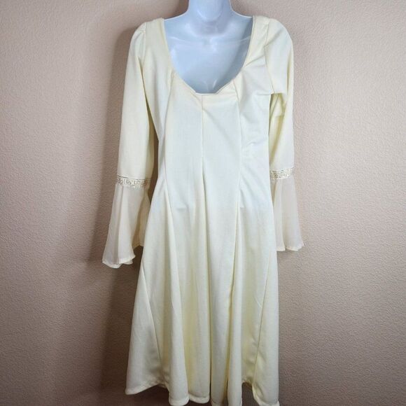 Vintage 60s Mod Dress Size S Ivory Gold Grecian Greek Key Wedding Flounce Sleeve - Picture 8 of 11